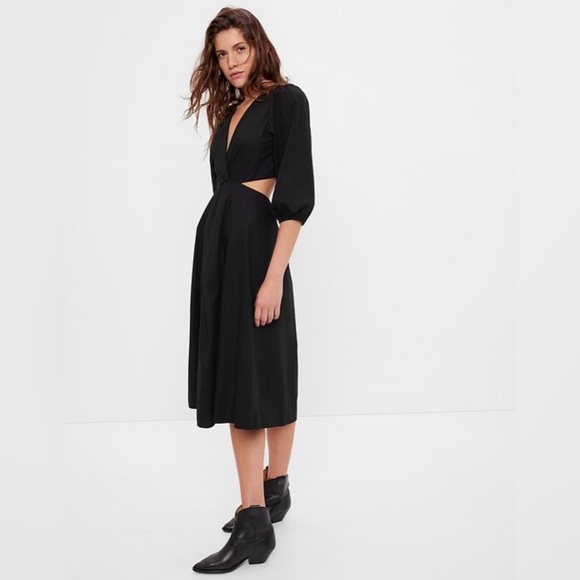 NWT! GAP Black Puff Sleeve Cutout Midi Dress - Size Large Regular & Small Tall 🧡 - Picture 1 of 7